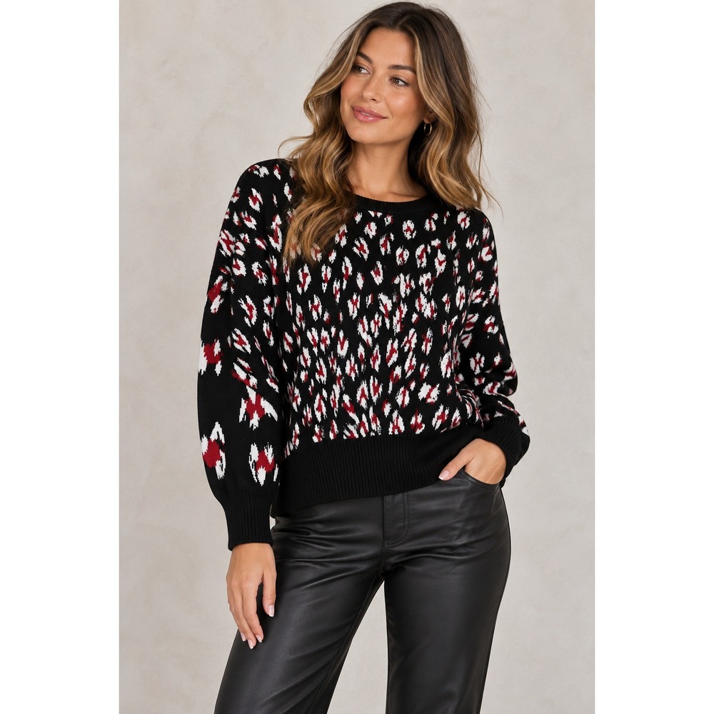 DKNY‎ Animal Print Sweater Black Red White Oversized Knit Pullover Large